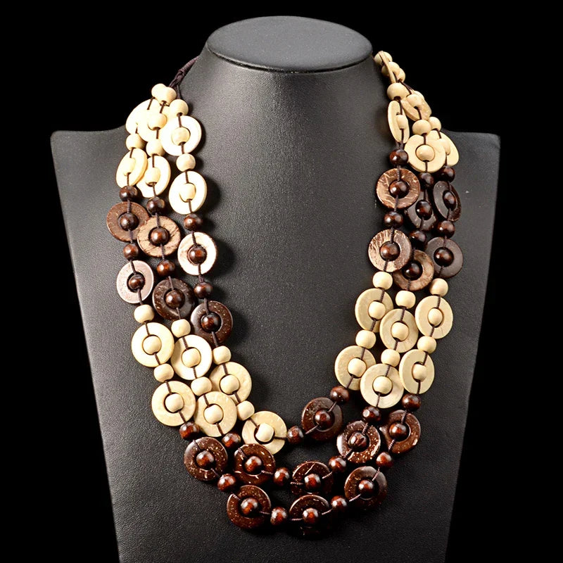 Natural wooden bead necklace for women; multi-layered bohemian style, perfect everyday jewelry.