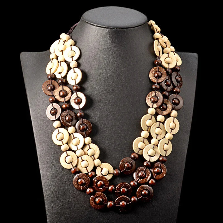 Natural wooden bead necklace for women; multi-layered bohemian style, perfect everyday jewelry.