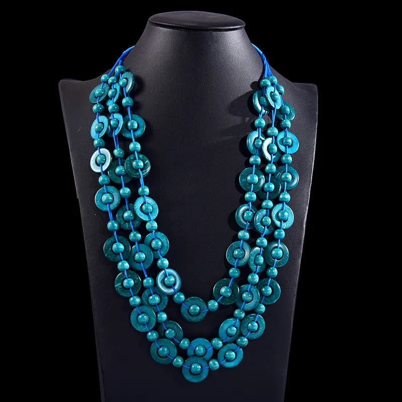 Stylish women's multi-layered wooden bead necklace; unique bohemian jewelry for natural fashion.