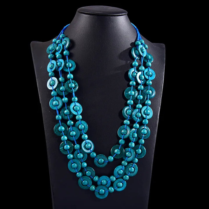Stylish women's multi-layered wooden bead necklace; unique bohemian jewelry for natural fashion.