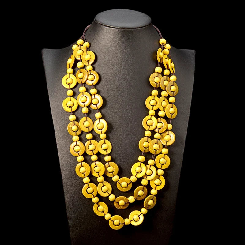 Bohemian multi-layer wooden bead necklace for women; a trendy, natural style fashion accessory.