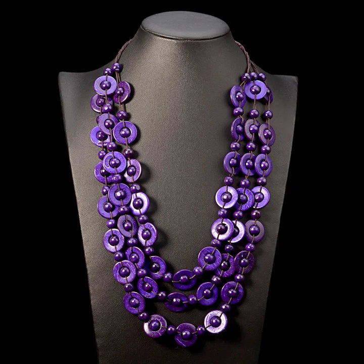 Gift-ready women's bohemian multi-layer wooden bead necklace; natural, handmade, boho fashion.