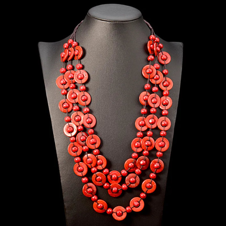 Women's fashion accessory: multi-layered bohemian wooden bead necklace, elegant natural style.