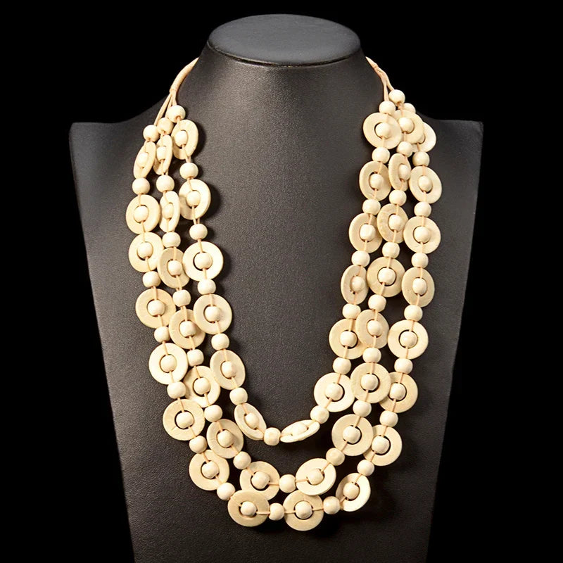 Handcrafted women's bohemian wooden bead necklace; multi-layer design for a unique boho look.