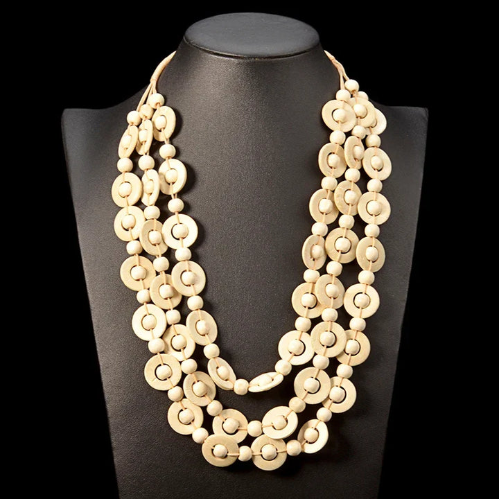 Handcrafted women's bohemian wooden bead necklace; multi-layer design for a unique boho look.