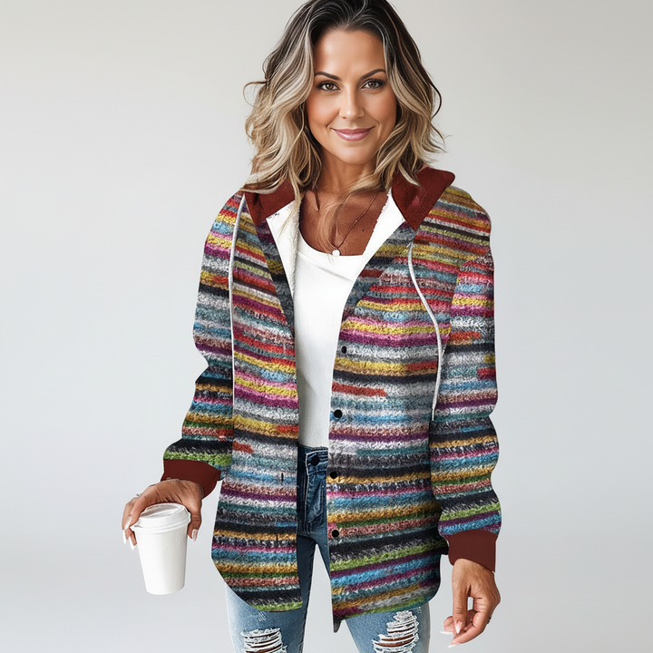 Sleeveless Renate hoodie vest for women, featuring a vibrant multicolored knit design