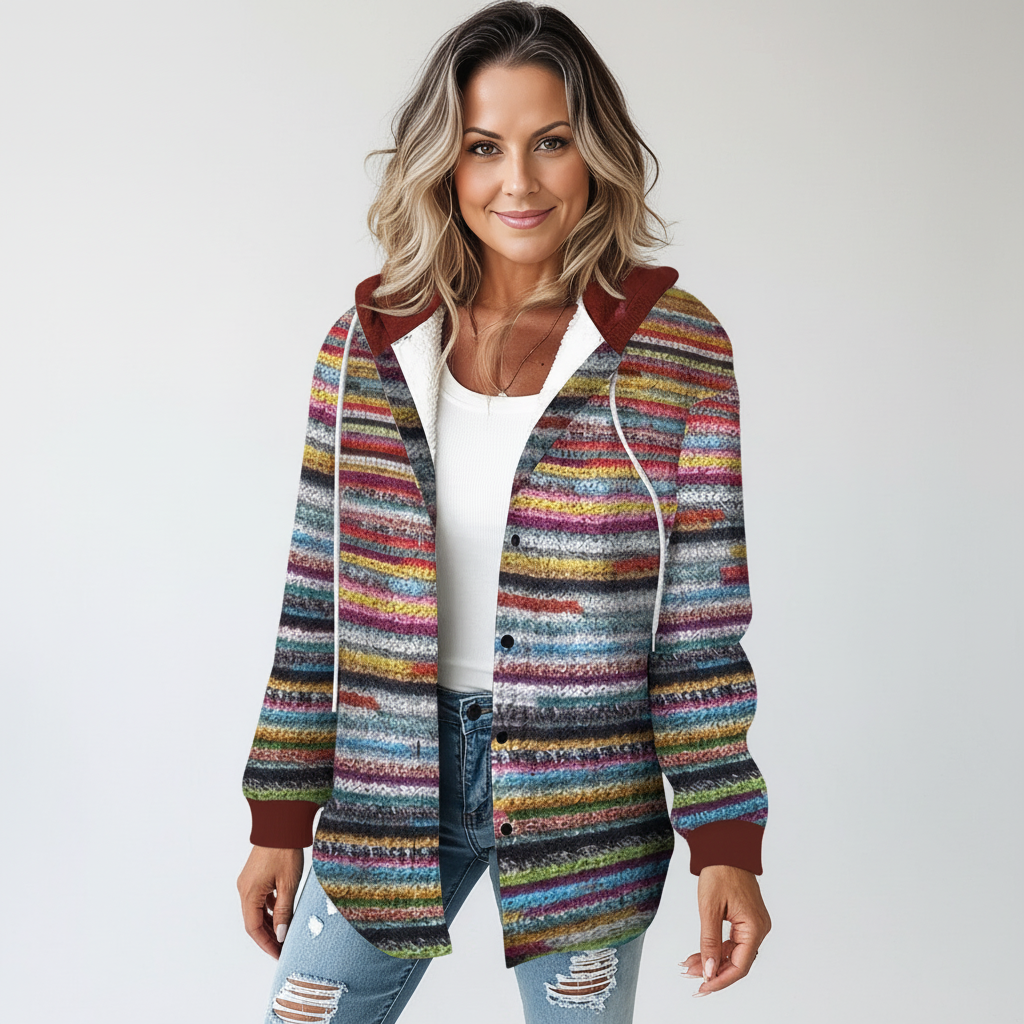 Multicolored sleeveless knitted hoodie vest for women, designed for comfortable winter wear