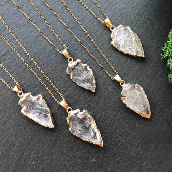 Women's handcrafted crystal arrowhead pendant necklace. Spiritual energy jewelry gift.