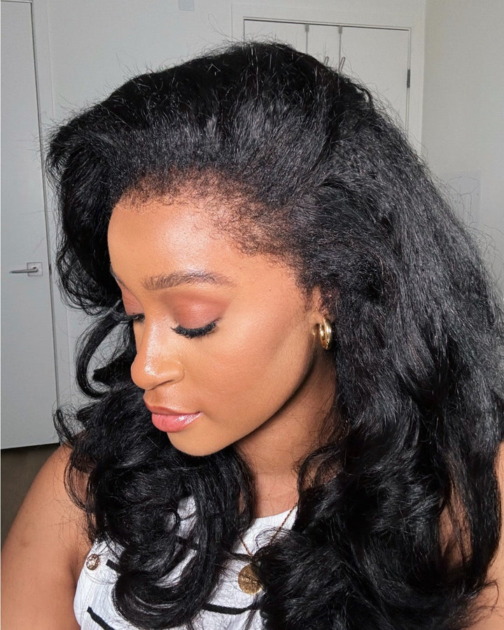 Natural black body wave & curly edges human hair lace wig. HD lace front, virgin quality, perfect for women.