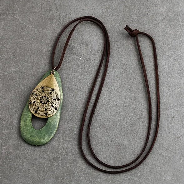 Authentic women's wood necklace, natural oval pendant, eco-friendly bohemian jewelry.