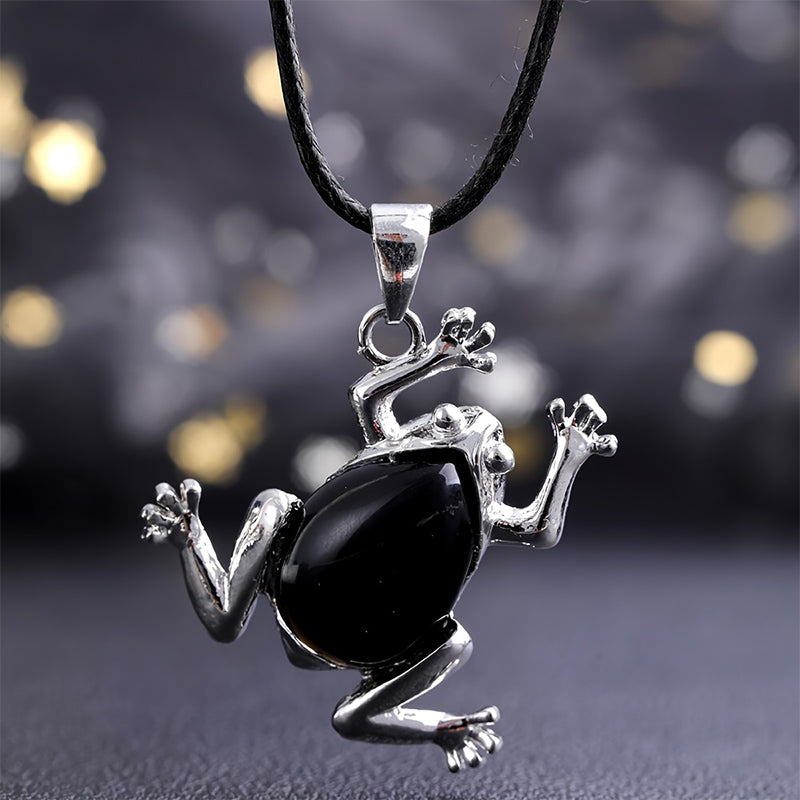 Women's Gaia crystal frog necklace, spiritual healing gemstone for meditation & calm.