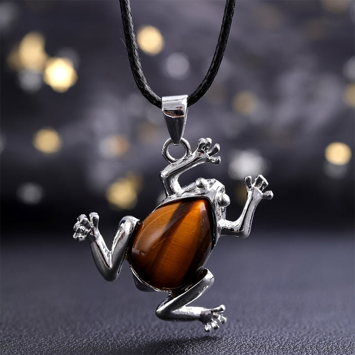 Meditation frog necklace for women, natural crystal gemstone jewelry promoting healing.