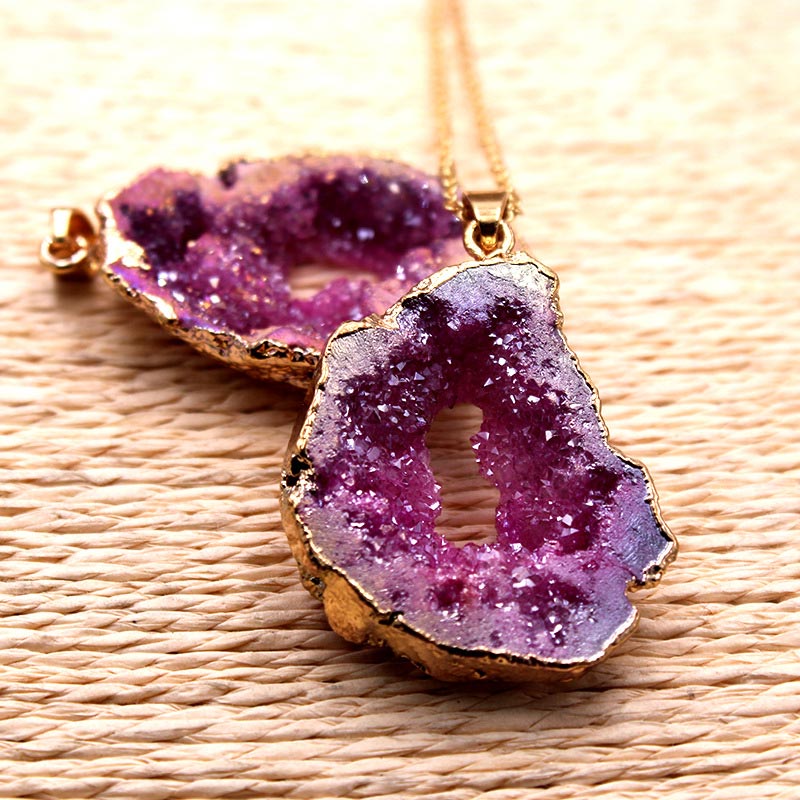 Women's natural crystal geode pendant, 'Gaia', with unique sparkling interior. Natural stone jewelry.