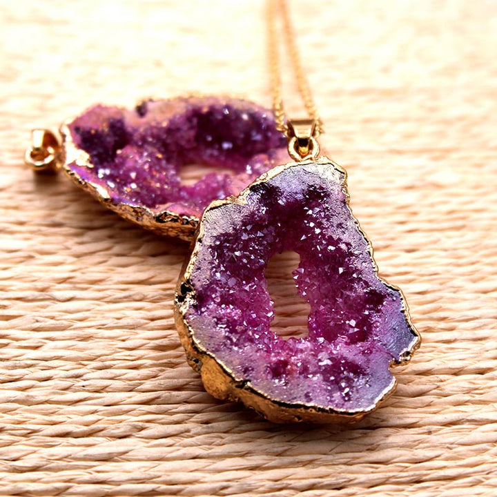 Women's natural crystal geode pendant, 'Gaia', with unique sparkling interior. Natural stone jewelry.