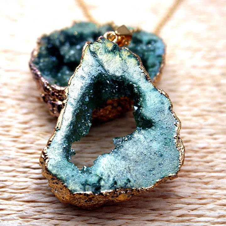 Women's 'Gaia' spiritual necklace: natural geode crystal pendant with raw, unpolished beauty.