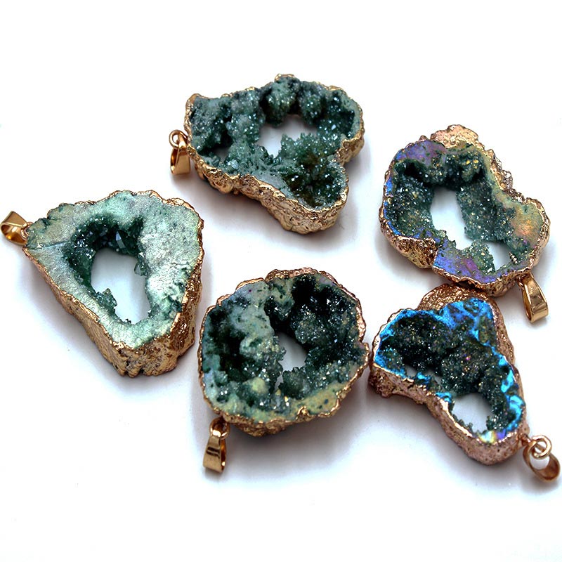 Women's 'Gaia' natural stone pendant, showcasing the intricate details of a sparkling crystal geode.