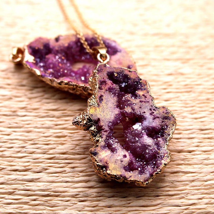 Natural crystal geode necklace, 'Gaia', a stunning spiritual jewelry piece for women with unique sparkle.