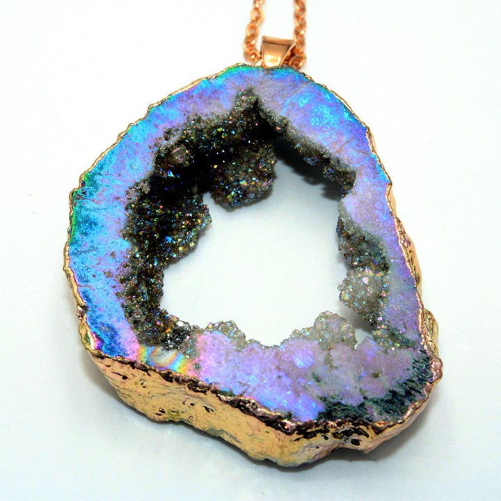 Handcrafted women's natural geode crystal pendant, 'Gaia', offering healing crystal energy and beauty.