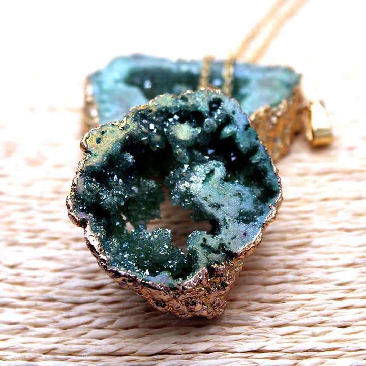 Front view of 'Gaia' natural crystal geode pendant, a statement spiritual jewelry piece for women.