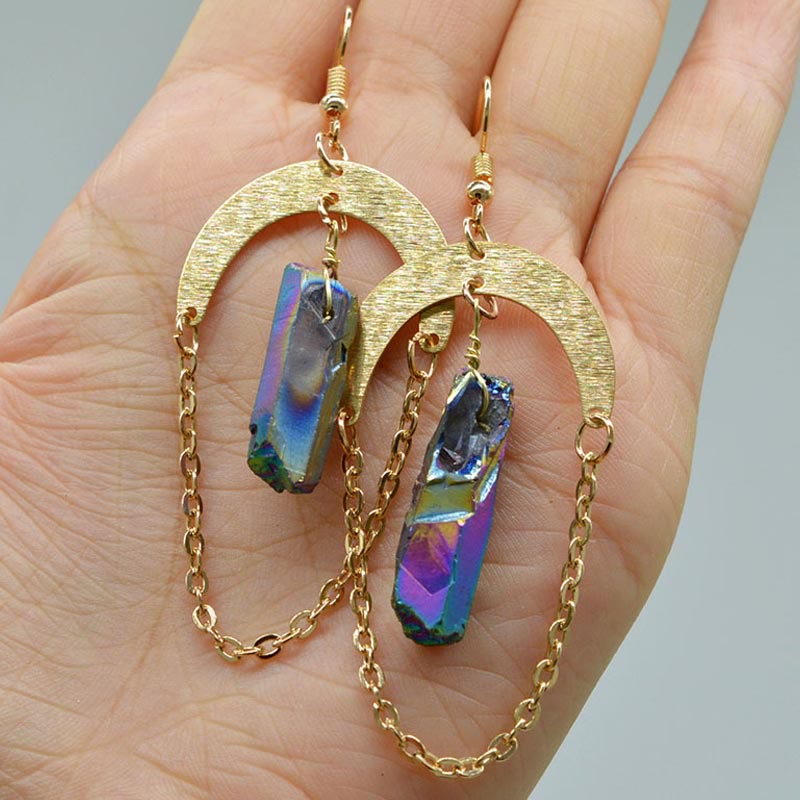 Women's natural crystal moon & star drop earrings, perfect for boho-chic style.