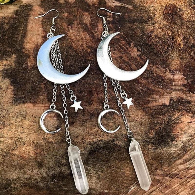 Boho women's natural crystal moon & star drop earrings, ideal celestial present.