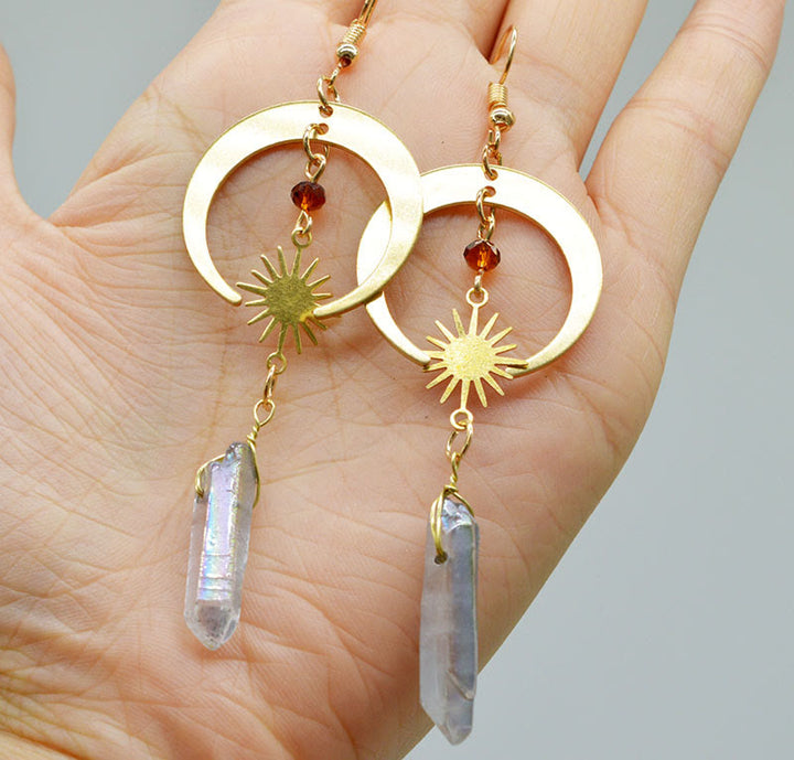 Dainty crystal moon and star drop earrings, natural stone celestial women's jewelry.