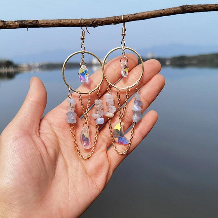 Shimmering natural crystal moon and star drop earrings, celestial gift for her.