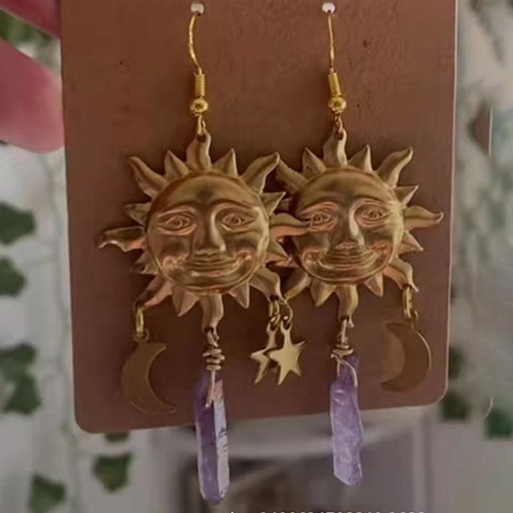 Gift for her: natural crystal moon and star drop earrings, celestial boho jewelry.