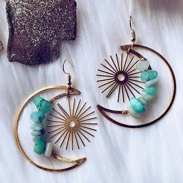 Sparkling natural crystal moon and star drop earrings, women's spiritual accessory.