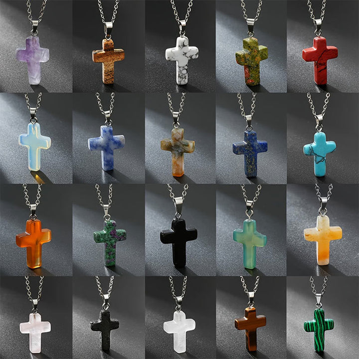 Women's natural gemstone cross pendant necklace. Elegant spiritual fashion accessory.