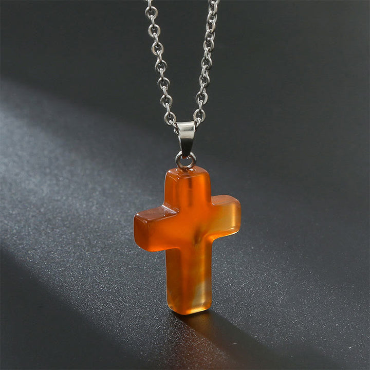 Adjustable women's natural stone cross pendant, offering custom fit & elegant style.