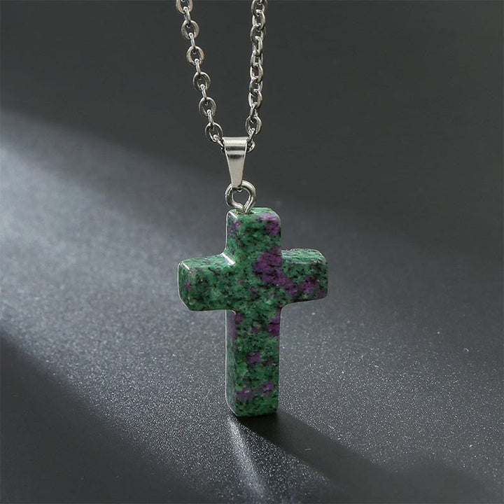 Minimalist design natural stone cross pendant, women's spiritual fashion jewelry.