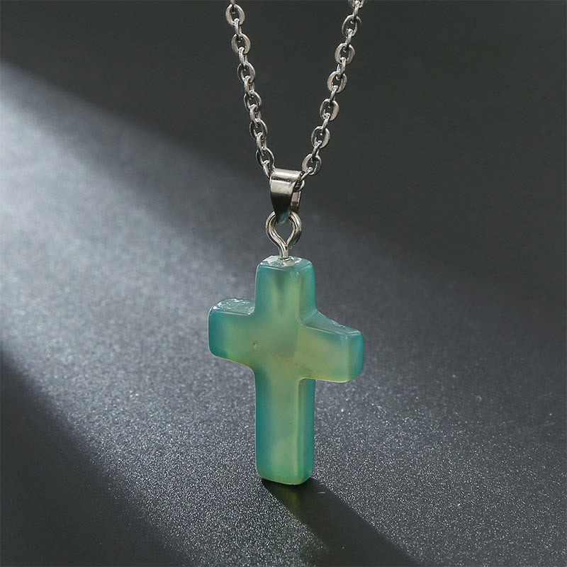 Dainty natural stone cross pendant, women's spiritual necklace with subtle charm.