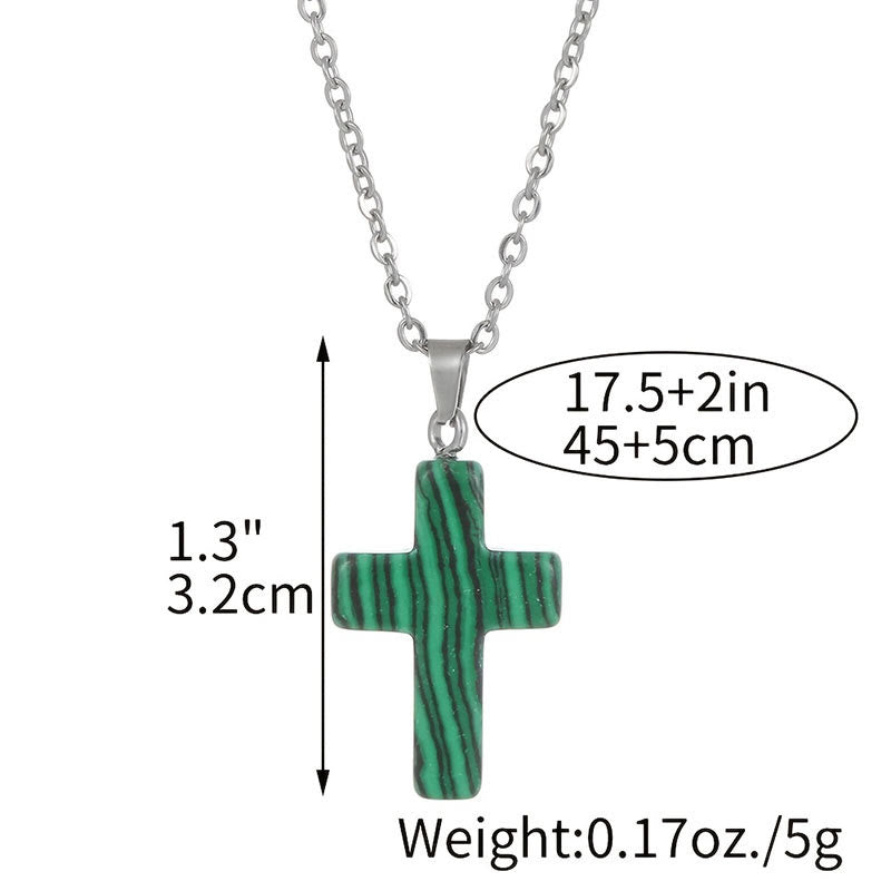 Women's fashion accessory: Natural gemstone cross pendant necklace, adjustable style.