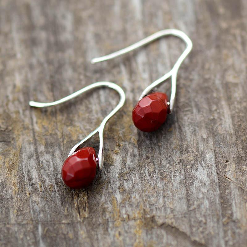 Red Jasper natural gemstone drop earrings for women, sterling silver, ideal as a gift for her or boho accessory.
