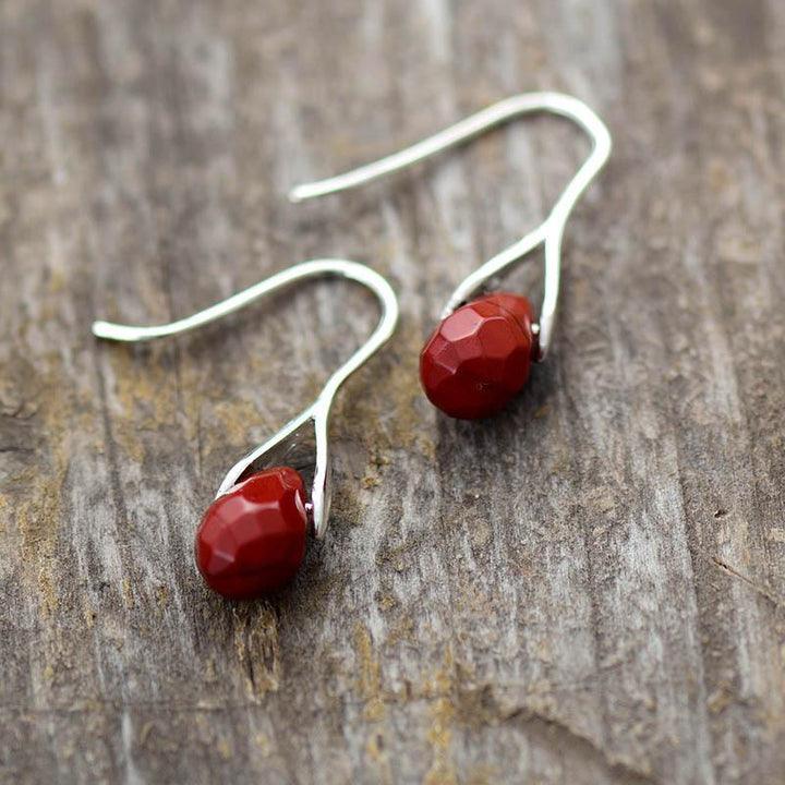 Red Jasper natural gemstone drop earrings for women, sterling silver, ideal as a gift for her or boho accessory.