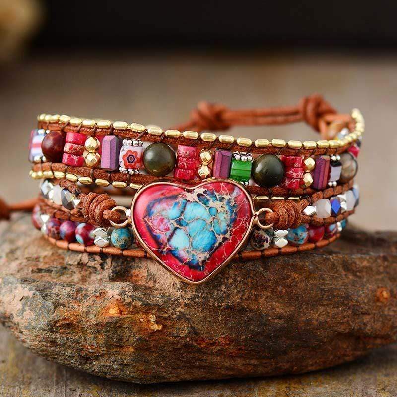 Women's Natural Jasper Heart Wrap Bracelet, bohemian style with multicolor jasper stones and heart charm