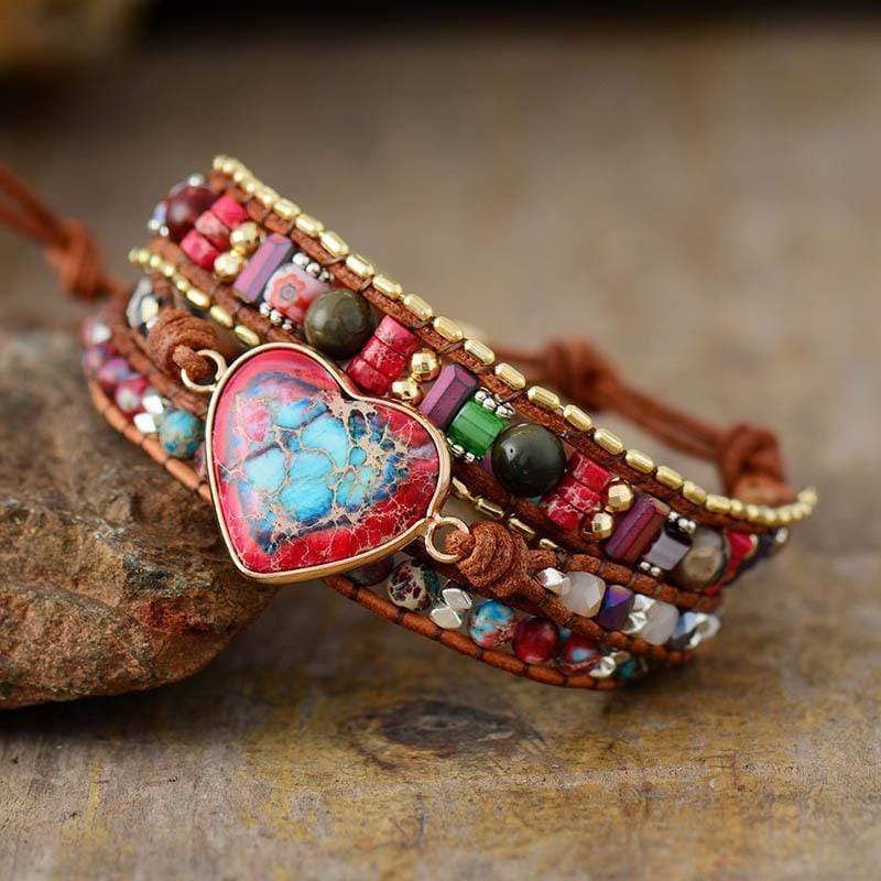 Handmade Women's Jasper Wrap Bracelet by Elyra, featuring natural jasper beads and a delicate heart accent