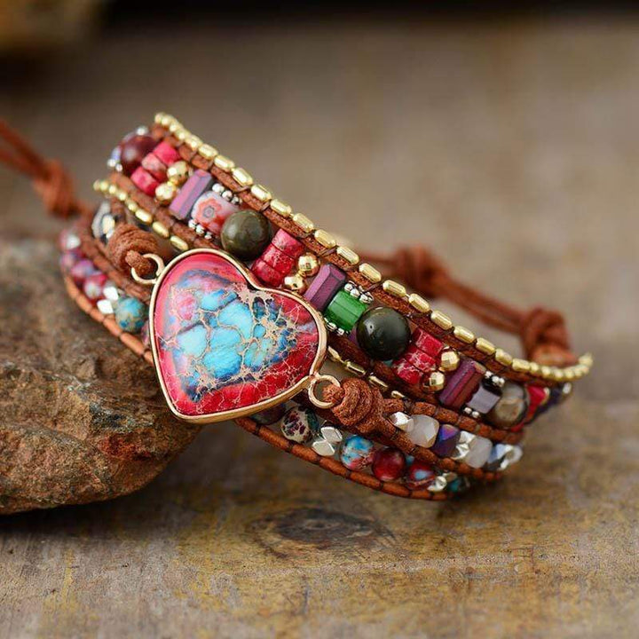Handmade Women's Jasper Wrap Bracelet by Elyra, featuring natural jasper beads and a delicate heart accent