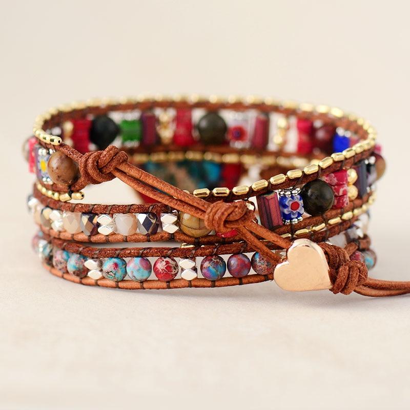 Fashionable women's natural jasper and heart wrap bracelet, a unique bohemian jewelry piece