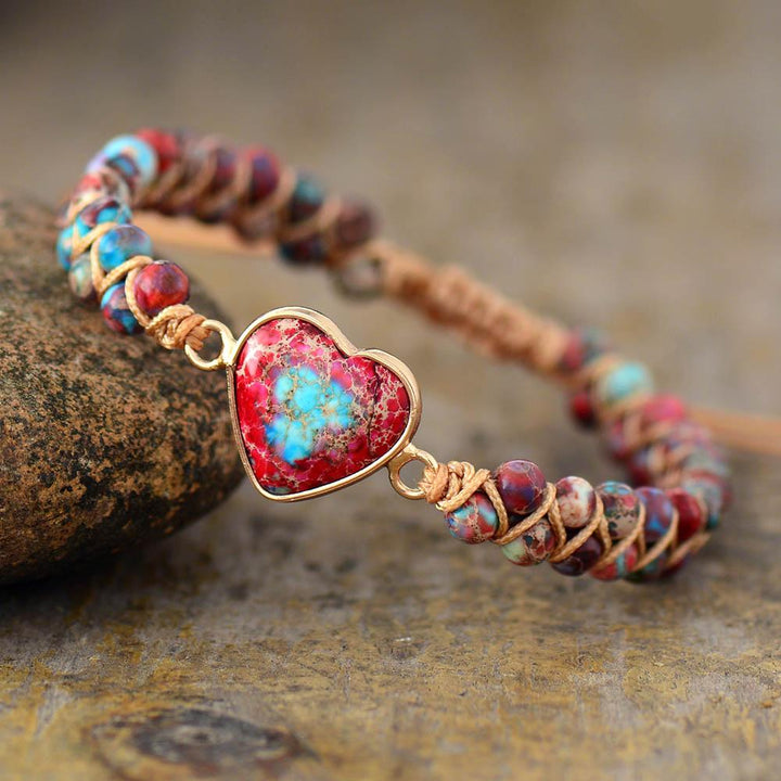 Women's Natural Jasper Stone Friendship Bracelet with polished beads, boho style