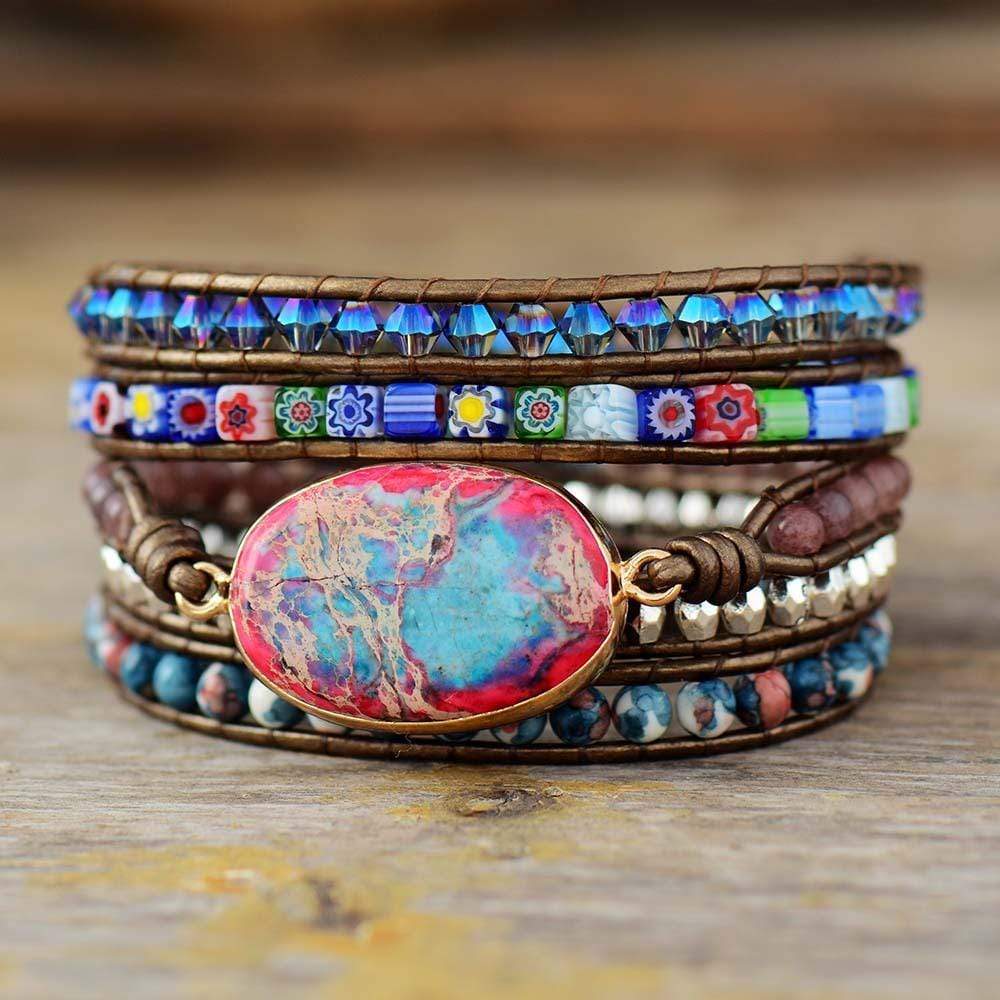 Women's natural jasper wrap bracelet with colorful gemstones, boho style jewelry