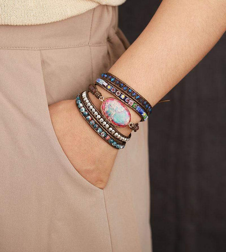 Boho jasper wrap bracelet for women, multi-strand natural stone jewelry
