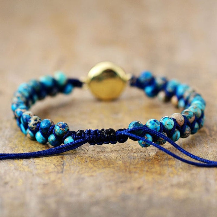 Close-up of Opal & Jasper natural stone bracelet for women, showing unique beaded design and colors
