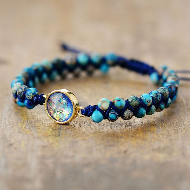 Thalassa women's handmade bracelet featuring lustrous opal and earthy jasper gemstones