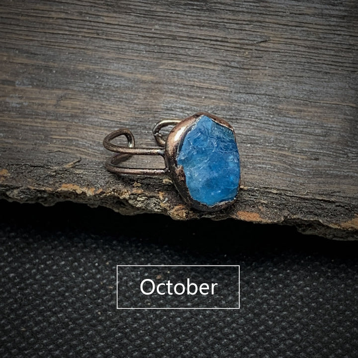 Natural raw crystal birthstone ring, adjustable gemstone jewelry, unique healing.