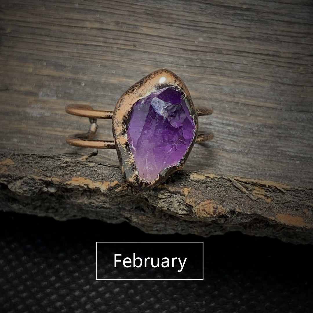 Handmade Women's Natural Raw Birthstone Ring, adjustable crystal healing jewelry.