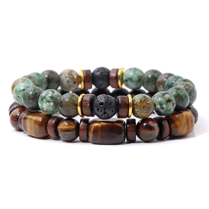 Healing gemstone stretch bracelet for women featuring Tiger Eye & African Turquoise.