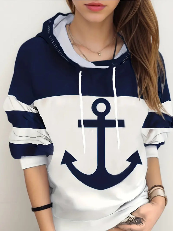 Women's nautical anchor print hoodie, perfect for cozy casual wear. Features a stylish marine design & relaxed fit.
