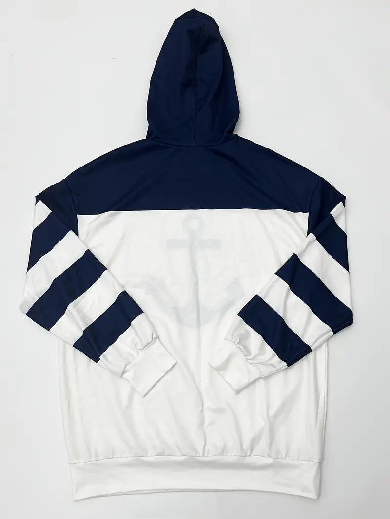 Stylish women's long sleeve nautical anchor hoodie. Fashionable casual wear with a hooded design and comfortable fit.